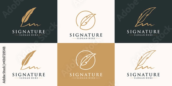 Obraz Set of golden quill signature logo design. Minimalist feather ink logo template.