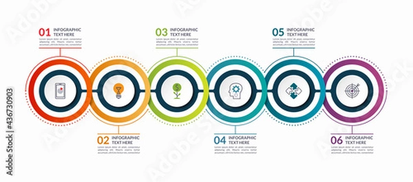 Fototapeta Infographic timeline template with 6 steps, options, circular elements. Can be used as a chart, diagram, graph for business infographics, presentation, annual report, brochure, web design.