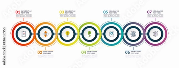Fototapeta Infographic timeline template with 7 steps, options, circular elements. Can be used as a chart, diagram, graph for business infographics, presentation, annual report, brochure, web design.