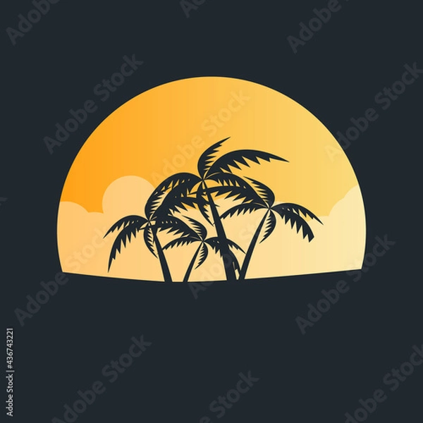 Fototapeta Palm trees in the backlight of the sun. Palm Beach Florida. Leisure and travel. Coconut palms at sunset. Sunrise. Vector illustration. Palm trees and sun emblem.