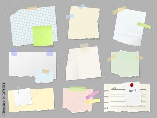 Obraz Blank paper notes, sticker notepads and memo messages, vector notepaper. Blank paper memo notes of torn sheets from notebook, bookmarks and reminder messages on pins or adhesive sticker tapes