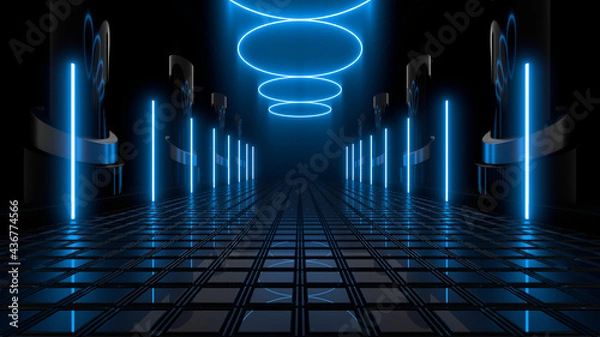 Fototapeta Sci Fy neon lamps in a dark corridor. Reflections on the floor and walls. 3d rendering image.