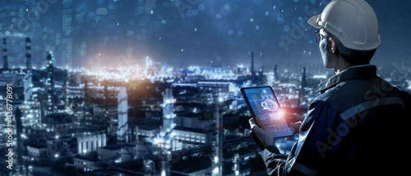 Fototapeta Smart industry 4.0 technology concept, engineer using data and control networking for sustainable energy, sustainable development, energy saving, increase productivity and  efficiency management