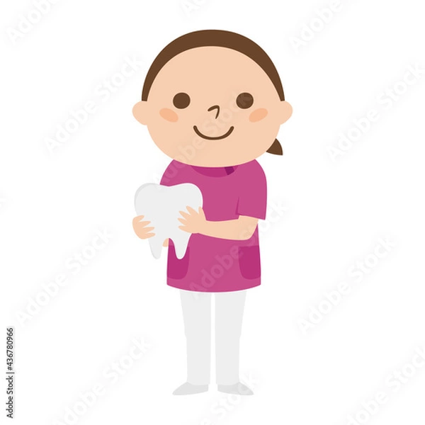 Obraz 女性の歯医者さんのイラスト。歯のオモチャを持っている笑顔の女性。