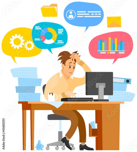 Fototapeta Busy businessman stressed due to excessive work with statistics. Male employee performs statistical calculations to deal with deadlines. Man looks at computer screen and analyzes business data