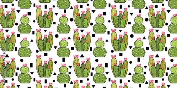 Obraz Cactus green plant with geomatric Vector Seamless Repeating Pattern. Great as a textile print, fabric, background, packaging or giftwrap, wallpaper, scrapbooking, bookcover. Surface pattern design.