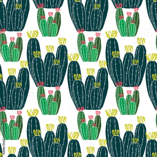 Obraz Cactus green plant Vector Seamless Repeating Pattern. Great as a textile print, fabric, background, packaging or giftwrap, wallpaper, scrapbooking, bookcover. Surface pattern design.