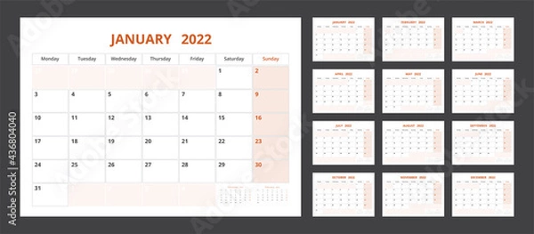 Fototapeta 2022 calendar planner set for template corporate design week start on Monday.