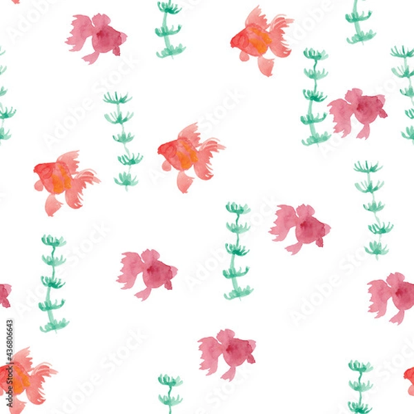 Obraz 金魚と水草の水彩イラストシームレスパターン