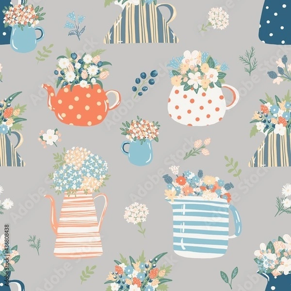Fototapeta Seamless pattern with teapots and jugs with flowers. Perfect background for home design, kitchen interior or scrapbooking