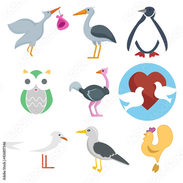 Fototapeta bird vector clip art set with penguin, owl, ostrich, stork, cock and pigeons. bird vector clip art set with penguin, owl, ostrich, stork, cock and pigeons.