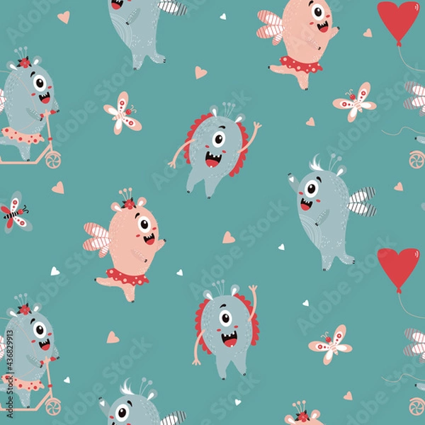 Fototapeta Seamless pattern with fantastic monsters. Cute and funny monsters - a girl on a scooter and a boy with wings on a green background with butterflies and a heart. Vector. Kids Collection 