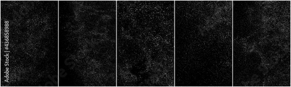 Fototapeta Set of distressed white grainy texture. Dust overlay textured. Grain noise particles. Snow effects pack. Rusted black background. Vector illustration, EPS 10.  