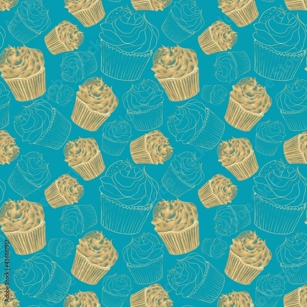 Fototapeta Seamless pattern of contoured shaded cupcake illustrations on turquoise background