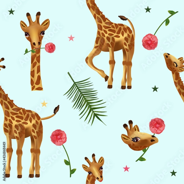 Obraz Cute Tropical giraffe seamless pattern. Pattern with wild animals, Head Giraffe, flower, leaf. 3d Vector illustration
