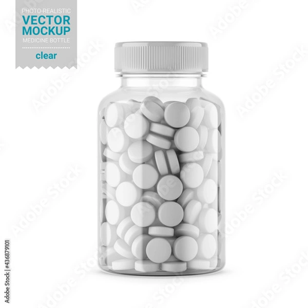 Obraz Clear glass medicine bottle mockup. Vector illustration.