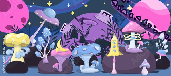 Fototapeta Vector magic mushrooms. Space cartoon mushrooms. Vivid illustrations of space with flying saucers, planets and stars. Square rectangular composition. Banner, advertisement, poster.