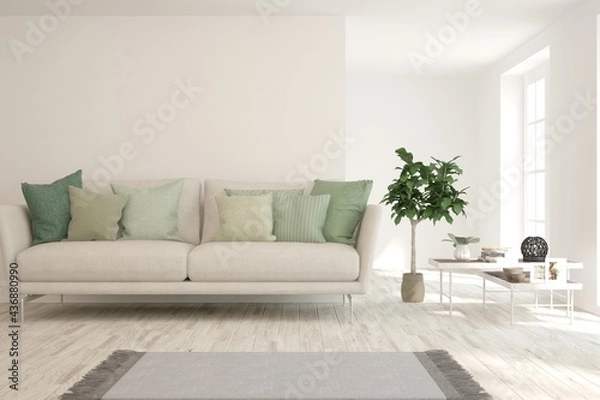 Fototapeta White living room with sofa. Scandinavian interior design. 3D illustration