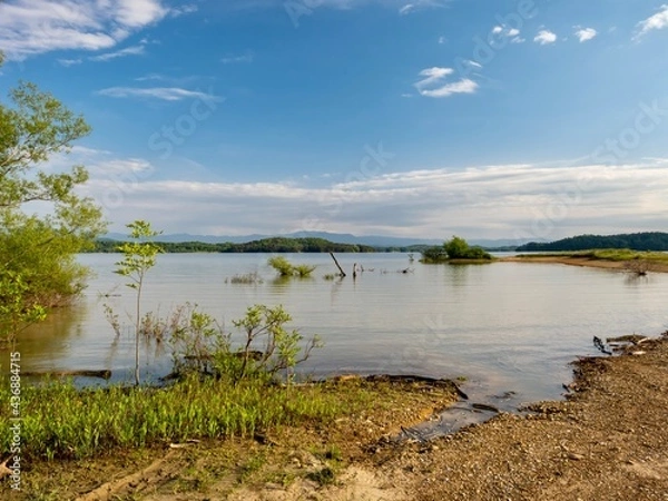 Obraz Douglas Lake in the spring in Tennessee with the Great Smoky Mountains in the background, the water and sandy shore with a blue sky filled with clouds in the distance.