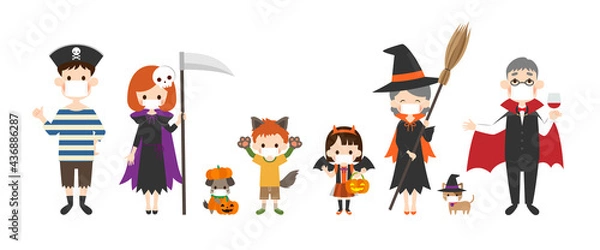 Fototapeta マスクをしてハロウィンの仮装をした家族のイラスト