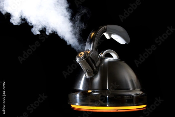 Fototapeta Tea kettle with boiling water on black background
