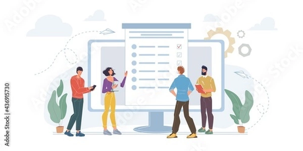 Fototapeta Vector cartoon flat characters passing online survey,test,exam and checking results on screen mobile phone devices,monitors - distance online education and examination concept