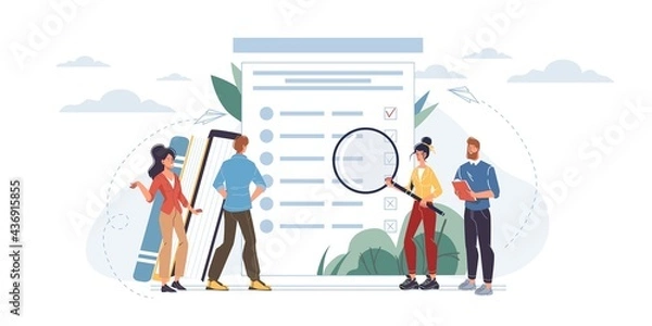 Fototapeta Vector cartoon flat characters passing online survey,test,exam and checking results on screen mobile phone devices,monitors - distance online education and examination concept
