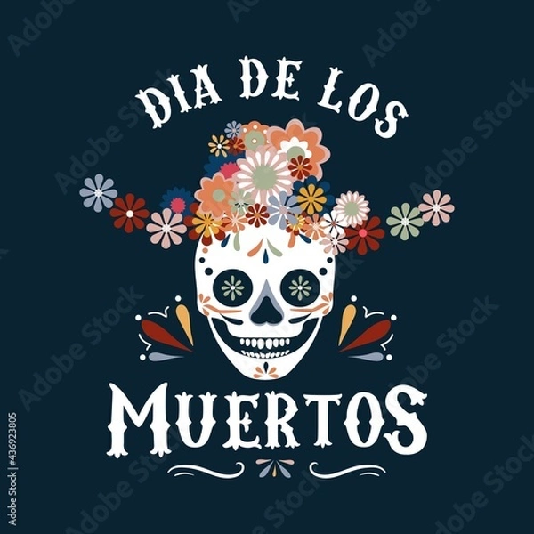 Fototapeta Dia de los Muertos greeting card with smiling skull in hat and flowers. Day of the dead design template in flat style. Vector illustration. Mexican holiday background, banner, poster, invitation etc