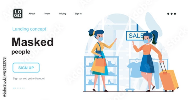 Fototapeta Masked people web concept. Women in mask shopping in store, social distance, coronavirus epidemic. Template of people scenes. Vector illustration with character activities in flat design for website