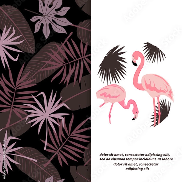Fototapeta Flamingo bird vector illustration. Tropic background with tropical leaves.	
