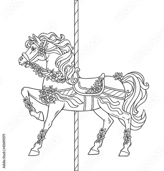 Obraz Carousel Horse, Merry go round horse, French carousel, Retro carousel, Parks, Funfair carnival. Vector illustration of carousel horse on carnival ride
