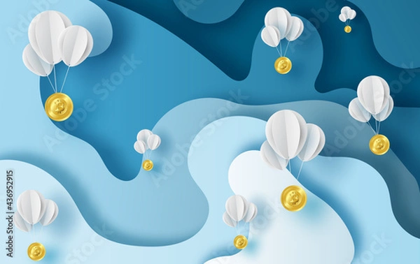 Fototapeta bitcoins symbol inside. Bitcoin sign hanging with yellow golden balloon white. finance concept and paper art idea. finance market. Paper cut of money dollar on blue background abstract shape curve.