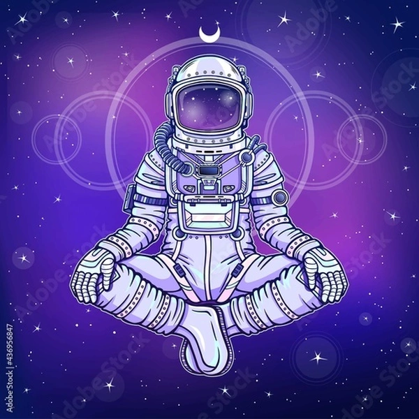 Fototapeta Animation figure of the astronaut sitting in Buddha pose. Meditation in space. Color drawing. Background - the night star sky. Vector illustration. Print, poster, t-shirt, card.