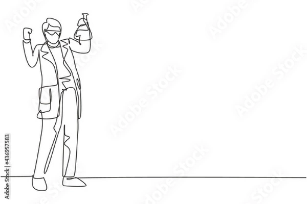 Fototapeta Single continuous line drawing scientist stands with celebrate gesture and holding measuring tube filled chemical liquid. Professional person. Dynamic one line draw graphic design vector illustration