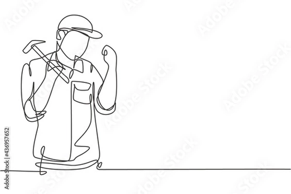 Fototapeta Single continuous line drawing carpenter with celebrate gesture works in his workshop making wooden products. Skills in using carpentry tools. Dynamic one line draw graphic design vector illustration