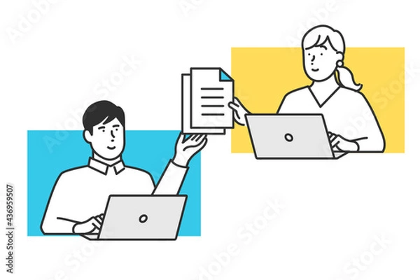 Fototapeta リモートワークで働くビジネスパーソンのイラスト素材