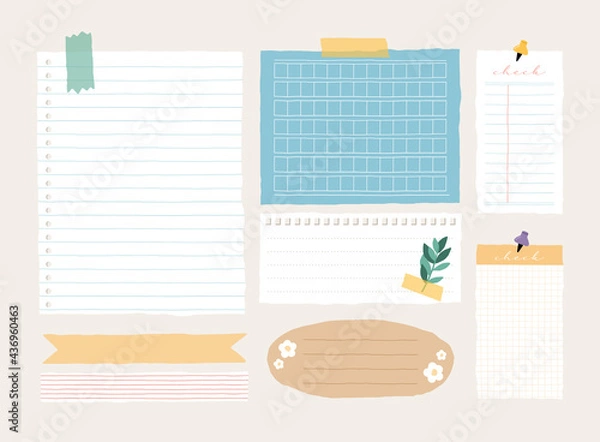 Fototapeta Cute memo template. A collection of striped notes, blank notebooks, and torn notes used in a diary or office.
