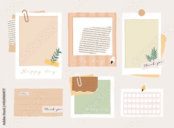 Fototapeta Cute memo template. A collection of striped notes, blank notebooks, and torn notes used in a diary or office.