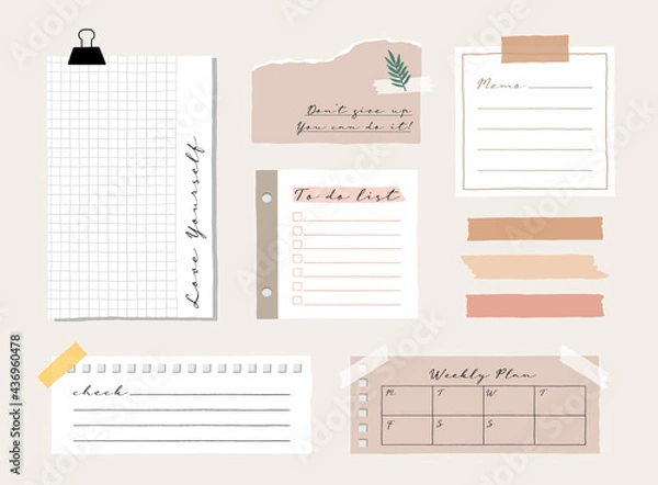 Fototapeta Cute memo template. A collection of striped notes, blank notebooks, and torn notes used in a diary or office.