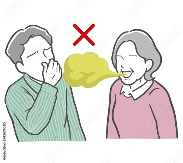 Obraz 口臭がきつい中年女性と鼻をつまむ若い男性