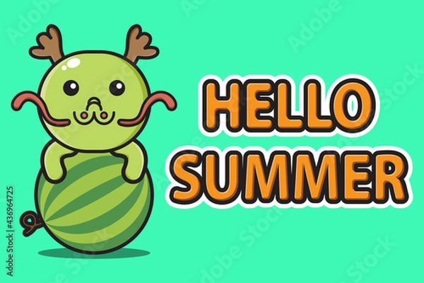 Obraz cute mascot doragon hugging watermelon with hello summer greeting banner