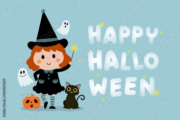 Obraz Happy halloween greeting card with cute witch, orange pumpkin and black cat. Holidays cartoon character vector