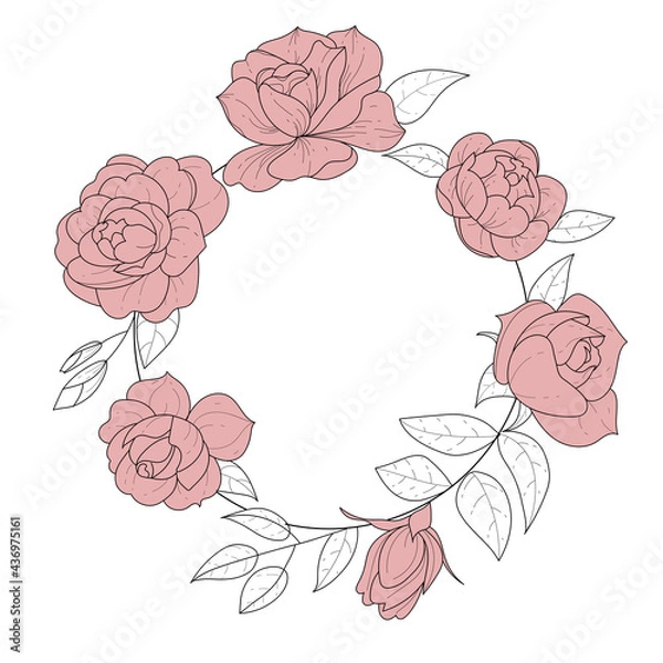 Fototapeta Botanical bouquet, wreath of roses and peonies. Floral arrangement in the form of a wreath. Vector illustration