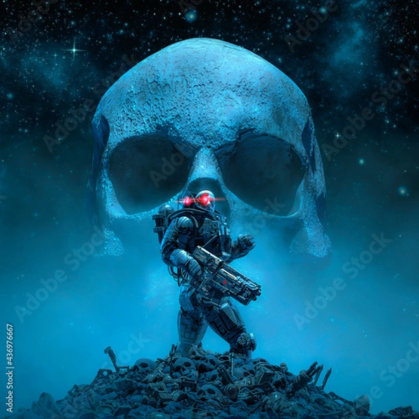 Fototapeta Cyberpunk soldier skull moon / 3D illustration of science fiction military robot warrior standing amid rubble in outer space with giant scary human skull shaped moon