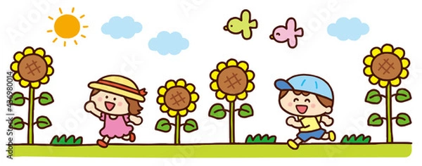 Fototapeta ひまわり畑と子どもたち