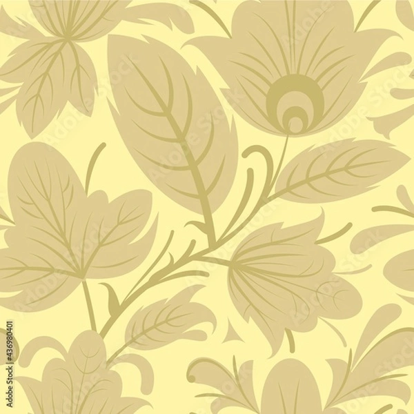 Fototapeta Floral ornament. Seamless pattern. Beautiful interlacing of branches and flowers. Illustration in a simple flat symbolic style. Funny. Rural. Vector