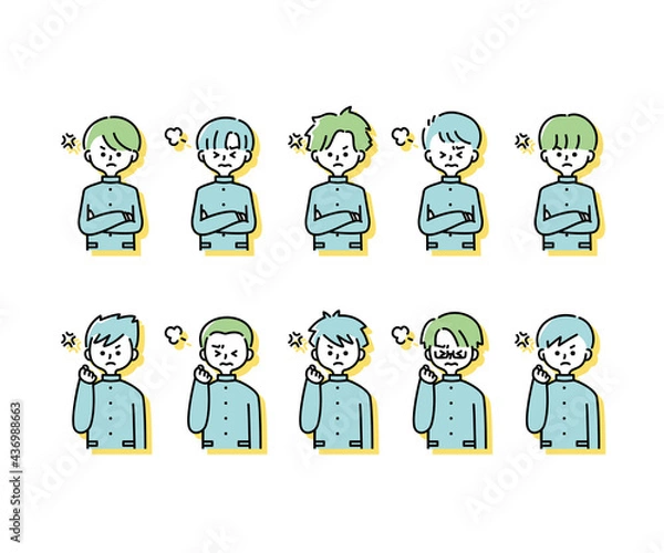Fototapeta 冬の制服を着た様々な男子学生の感情表現イラスト（上半身）
