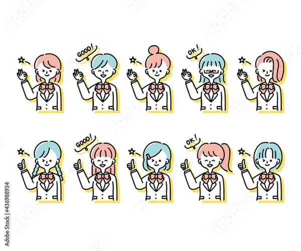 Fototapeta 冬の制服を着た様々な女子学生のイラスト（上半身）