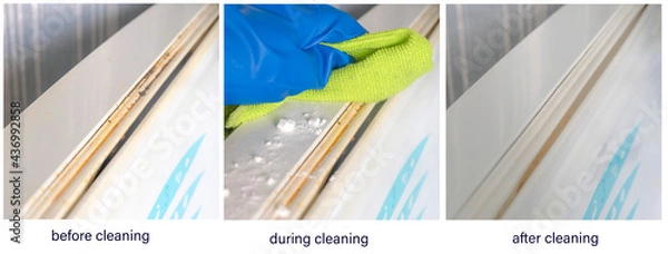 Fototapeta Rubber gasket on the door of the freezer of white refrigerator close-up before, during and after cleaning with cleaning powder. Cleaning yellow greasy coating on refrigerator parts with baking soda.