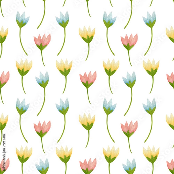 Fototapeta Flowers watercolor seamless pattern on a white background. Spring, summer.